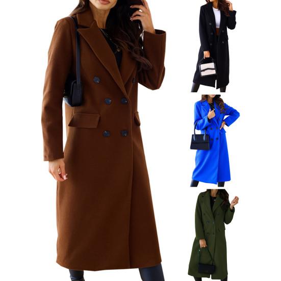 Women's Long Wool Blend Coat Double-Breasted Trench Coat Casual Notch Lapel Peacoat Fall Winter Overcoat