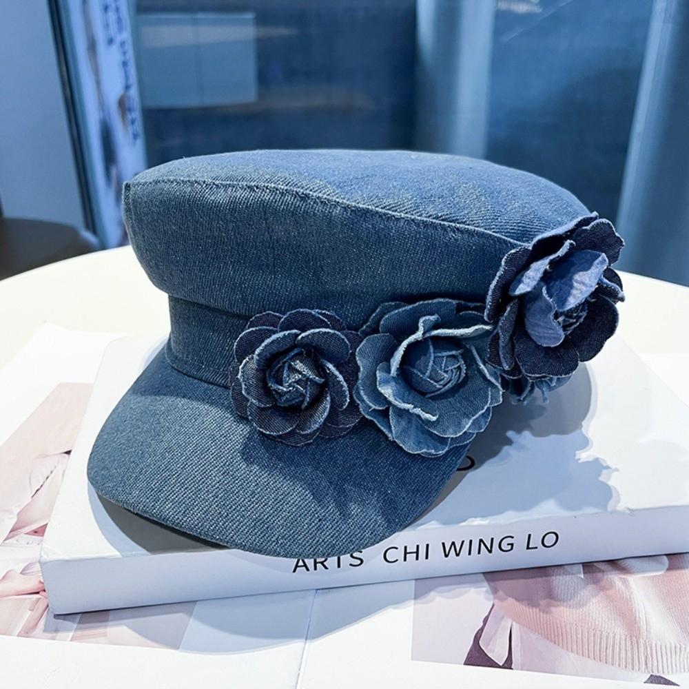 Adjustable Denim Camellia Beret Hat Korean Style Painter Caps Trendy Flower Flat Top Hat  Travel
