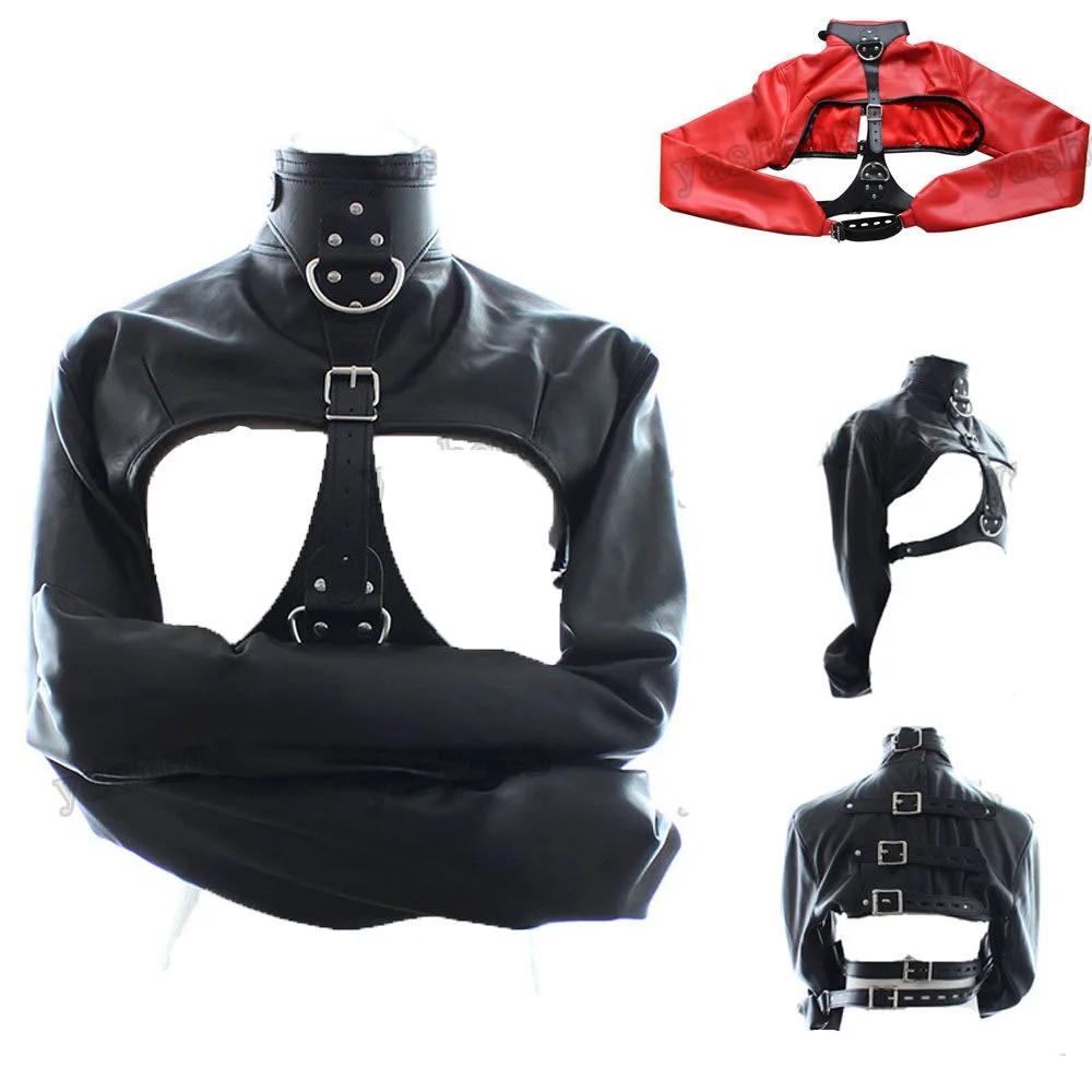 Manyjoy PU Leather Straight Jacket Top Women's Open Breast Jacket Straight Body Arm Binder Harness  Role Play Costumes