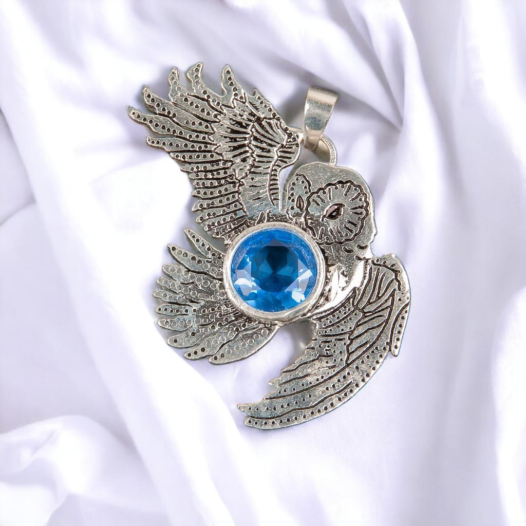 925 Sterling Silver Multi Gemstone Owl Designer Good Luck Jewelry Pendant 1.3" CP-16