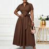 Damen einfarbiges Midi-Kleid mit Umlegekragen, kurzen Ärmeln und hoher Taille