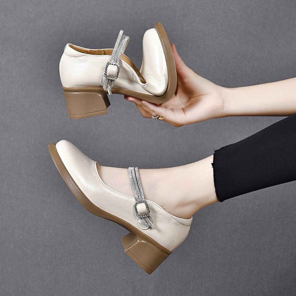 Round head one-word buckle small leather shoes women's 2025 British college style thick heel rhinestone Mary Jane shoes cowhide women's high heels