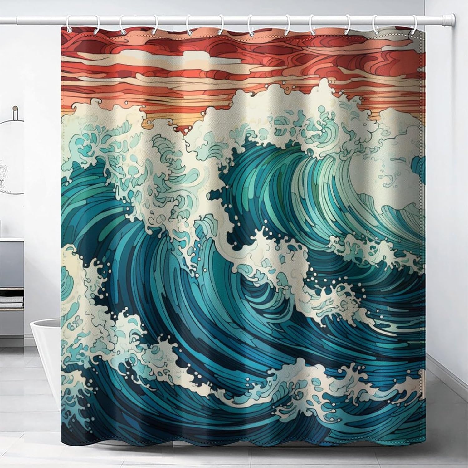 Annier Japanese Wave Art Shower Curtain, Retro Monochrome Abstract Wave Decorative Bathroom Curtain, Asian Style Ocean Theme