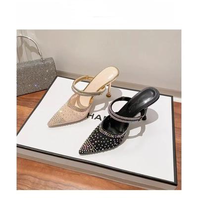 Nieuwe Dames Baotou Sandalen Dunne Hak Slippers Buiten Dragen Klein Maat Puntige Hoge Hakken Strass Gaas Sexy