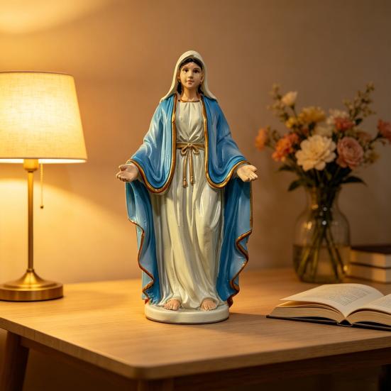 Blessed Mother Virgin Mary Statue with Open Arm Religious Catholic Sculpture Hand Painted Saint Mary Figurine for Indoor Home Decor