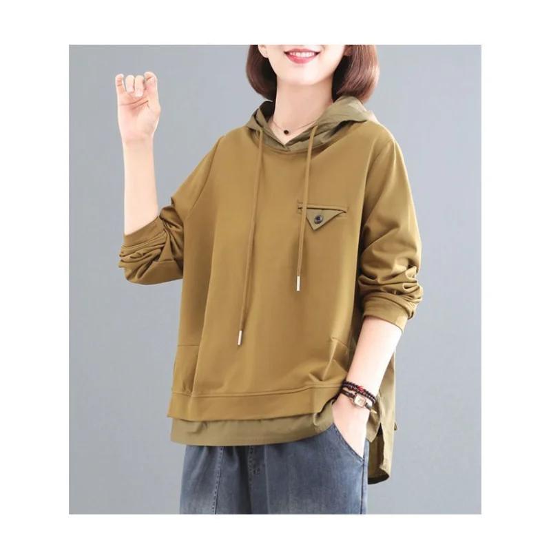 Pure Cotton Long-sleeved Sweatshirt for Women 2025 New Autumn Korean Loose Splicing Temperament Hooded Pullover Top