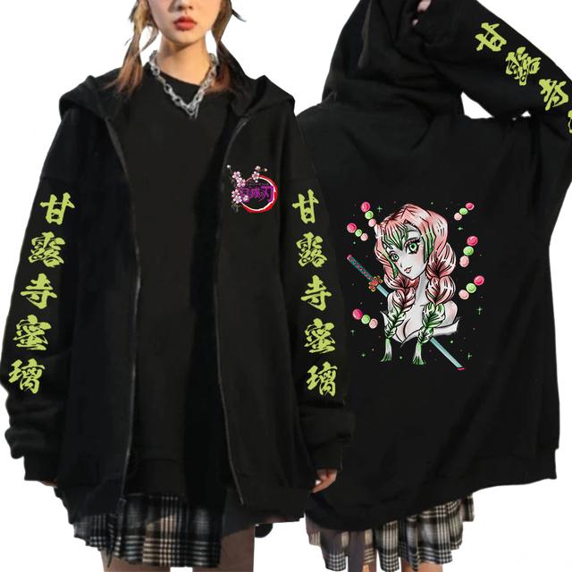 Y2K Jackets Demon Slayer Kanroji Mitsuri Anime Men Zipper Hoodies Black Zip Up Cardigan Sweatshirts Retro Harajuku Hooded Jacket Streetwear Tops