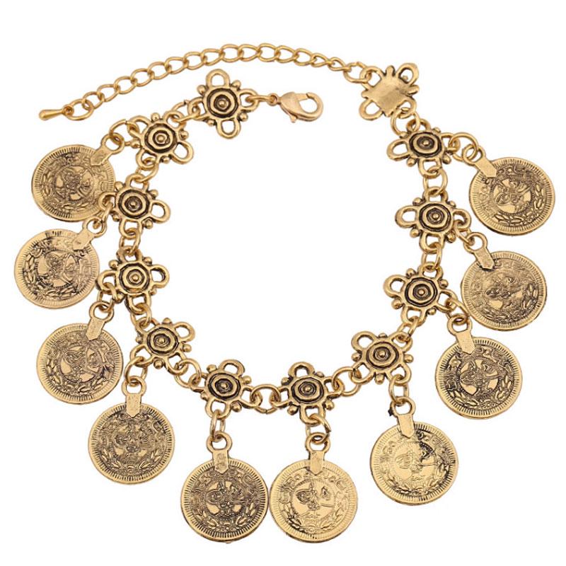 Party Hippy Boho Beach Turkish Jewelry Gold Color Coin Vintage Bohemia Carved Coin Bracelets Bangles for Woman Pulseras