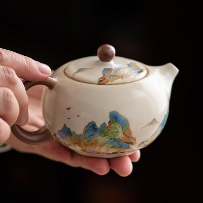 Qianli Jiangshan Ru Kiln Xishi Retro Ceramic Teapot - Single Pot Kung Fu Tea Set, Anti-Scald