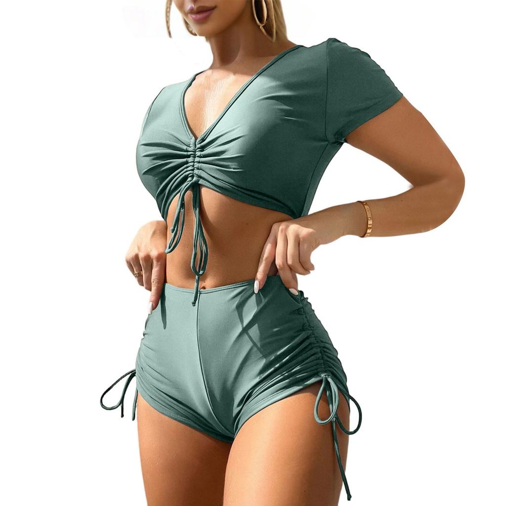 Women’s Two Piece High Waist Short Sleeve Swimsuit Set with Adjustable Drawstring Top and Ruched Bikini Bottoms for Beach Pool