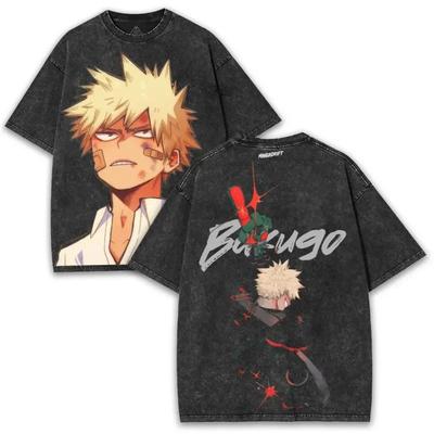 My Hero Academia Bakugou Katsuki Print Tee Men Women Retro Washed T-shirts Cotton T Shirt Short Sleeve Clothing Harajuku Tshirt