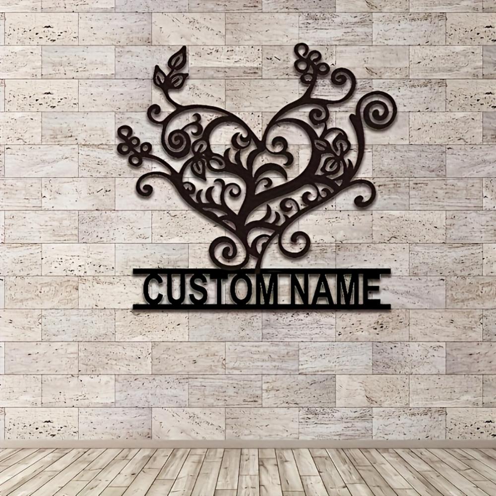 Metal Family Name Sign, Customizable Black Heart Wall Decor, Artistic Matte Finish, Removable for Indoor Outdoor