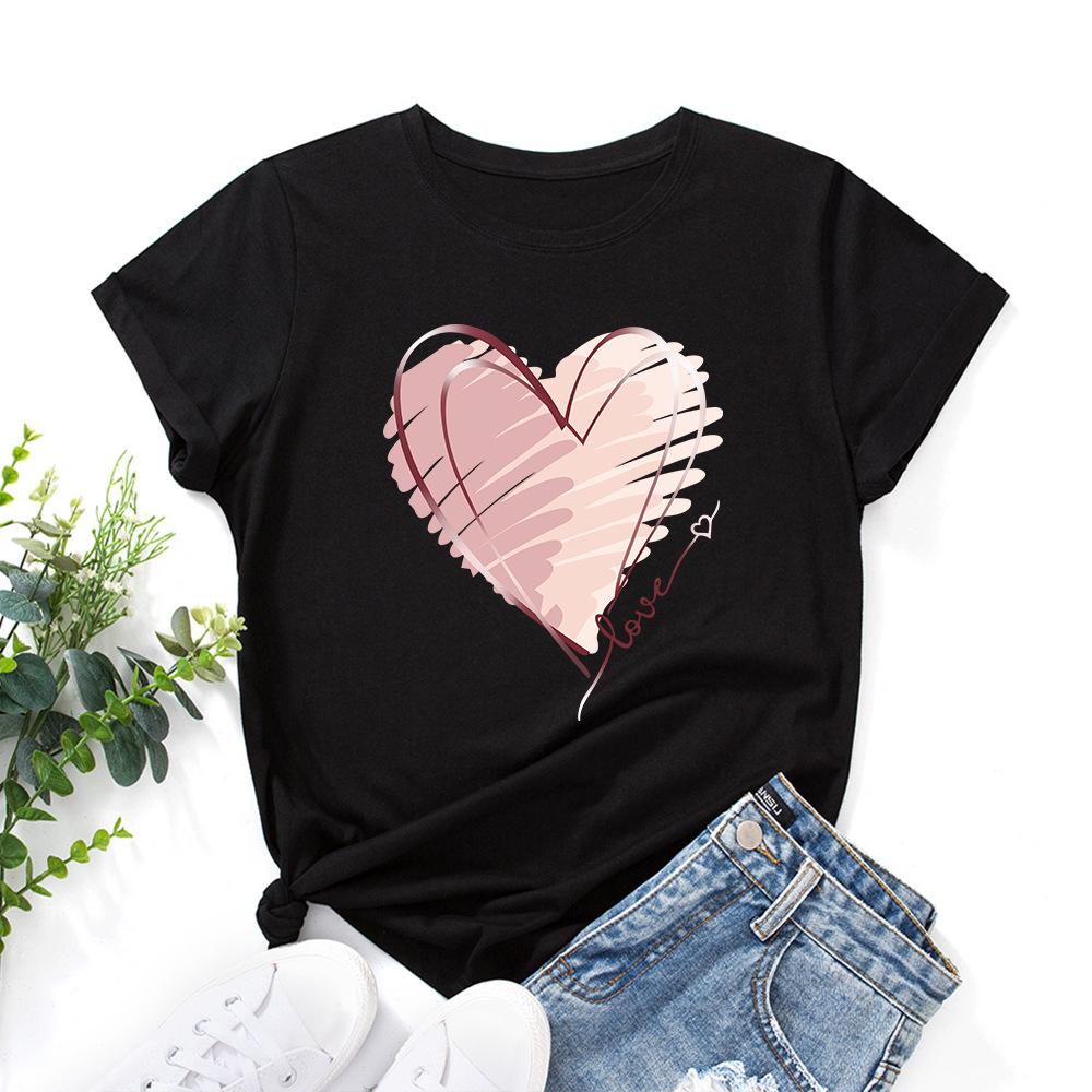 Módní bavlněné tričko s potiskem srdce, krátký rukáv, kulatý výstřih, dámské topy s 2D potiskem