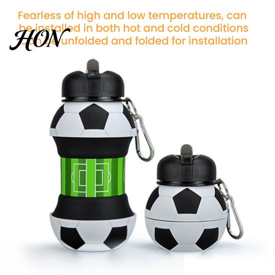 Portable Sports Cup Collapsible Silicone Ball Water Bottle, 550ml Foldable Football Bottle with Heat Resistant Mug Climbing Buckle, Leak Proof