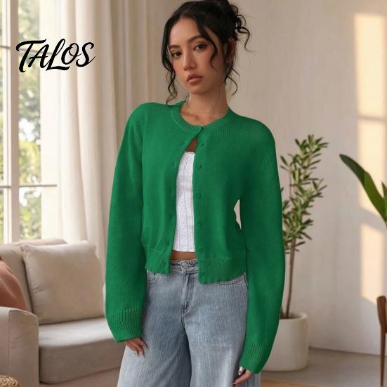 Maglia Lunga Manica Lunga Donna Cardigan Corto a Maglia, Top con Bottoni, Maglione Leggero Casual Girocollo per Primavera Autunno Aperto Davanti