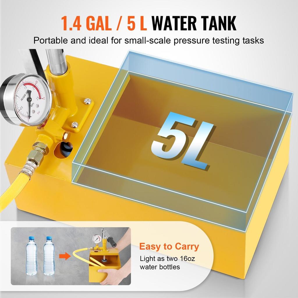Hydrostatic Test Pump, Max 25 bar/362 PSI, Single Valve Hydraulic Manual Water Pressure Tester Kit with Gauge 5L Water Tank, 1 m Hose with 1.27 cm