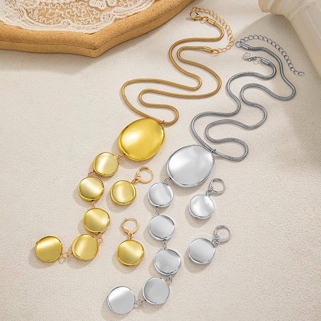 Personalized Fashion Round Pendant Long Women's Necklace Earrings Geometric Smooth CCB Jewelry Set