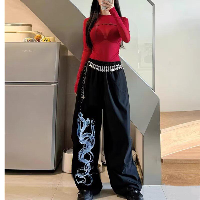 Amerikanische Freizeit-Jogginghose mit Jazz-Print und Strasssteinen: Hip-Hop-Tanzhose mit weitem Bein