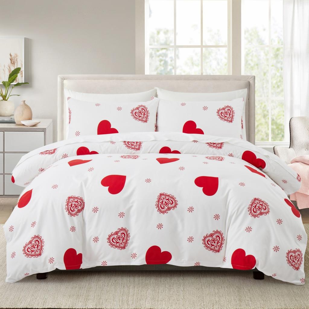 3 Pieces Bedding Set With Zipper Closure Red Heart Duvet Cover Queen Love Heart Pattern White Comforter Covers Set Cute Print
