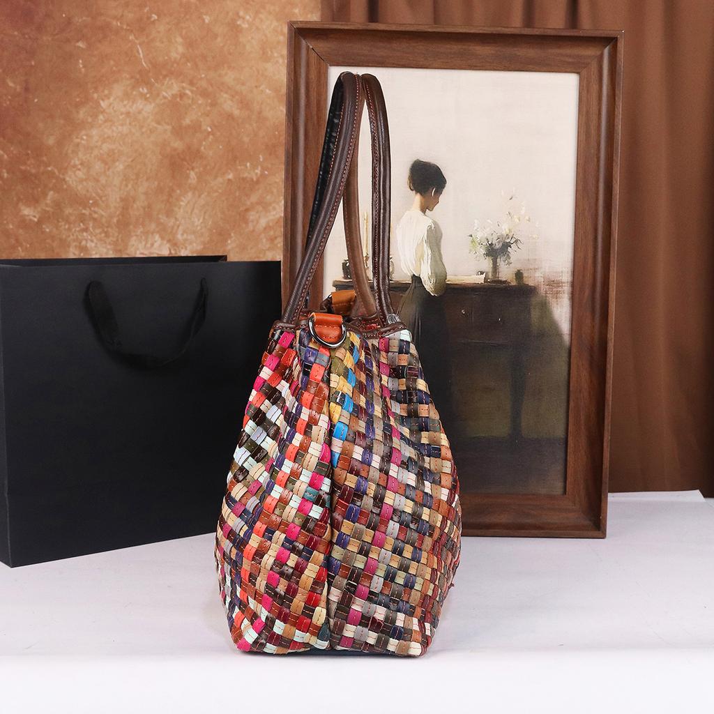 New Women'S Large Capacity Colorful Patchwork Leather Woven Handbag Casual Versatile Crossbody Bag Handheld Bag