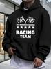 Casual Racing Team Graphic Hoodie - Blue with Checkered Flag & Stars Design