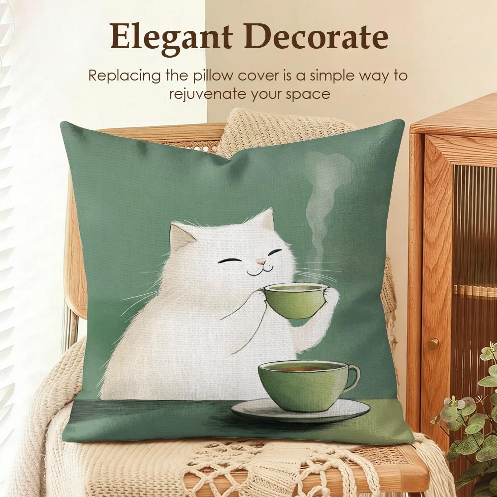 Cat Drink Coffee Cute Funny Cushion Cover Natural Linen Organic Fabric DoubleSided Printing Sofa Home Decor Gift Pillow Case