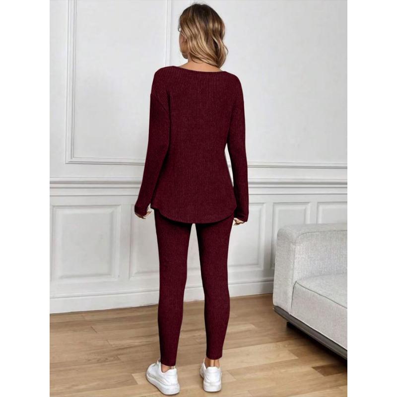 Women V Neck Long Sleeve Thin Casual Two Piece Loungewear Set With Long Pants