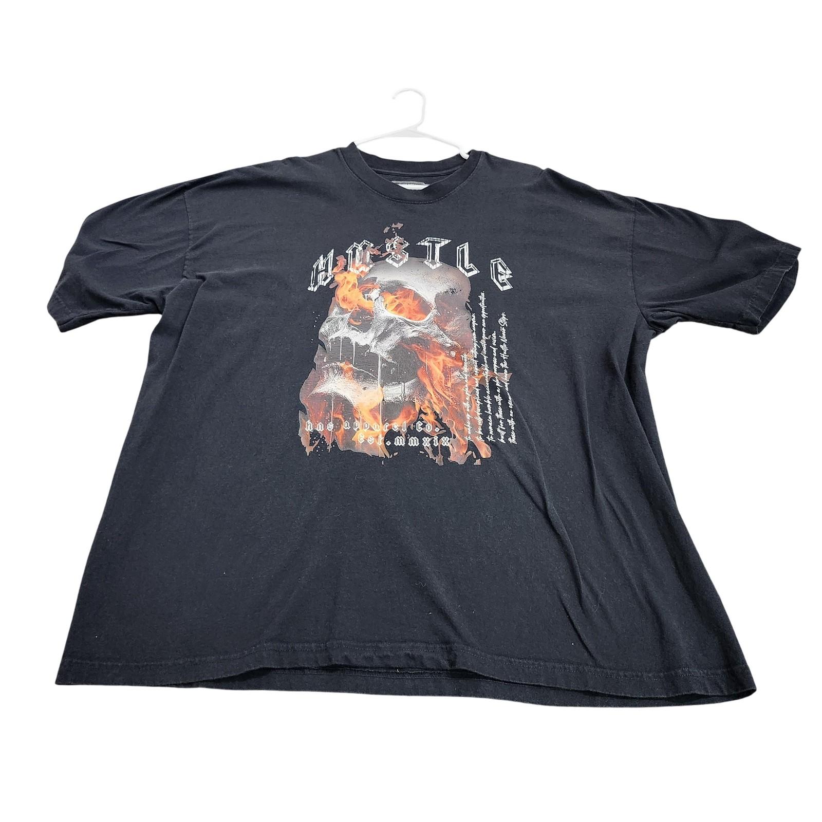 Hustle Never Stops Shirt Mens 2XL Black Flaming Skull Graphic Tee Streetwear Unisex T-Shirt S
