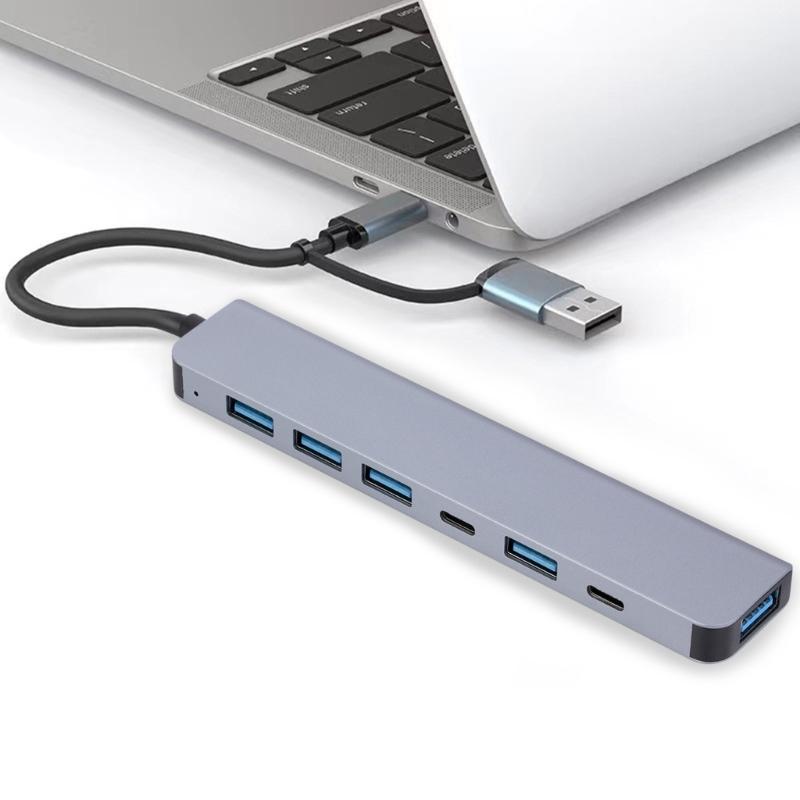 USB Adapter UsbC Hub with 5 USB Ports and 2 TypeC Port USB Hub Multiports Adapter for Smartphones Laptops Switches