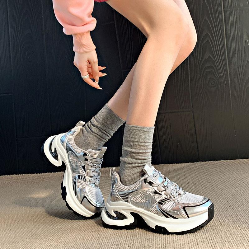 Net Shoes Are Light and Heightened Casual Sports Shoes for Women's New Spring and Autumn Silver Platform Dad Shoes for Women