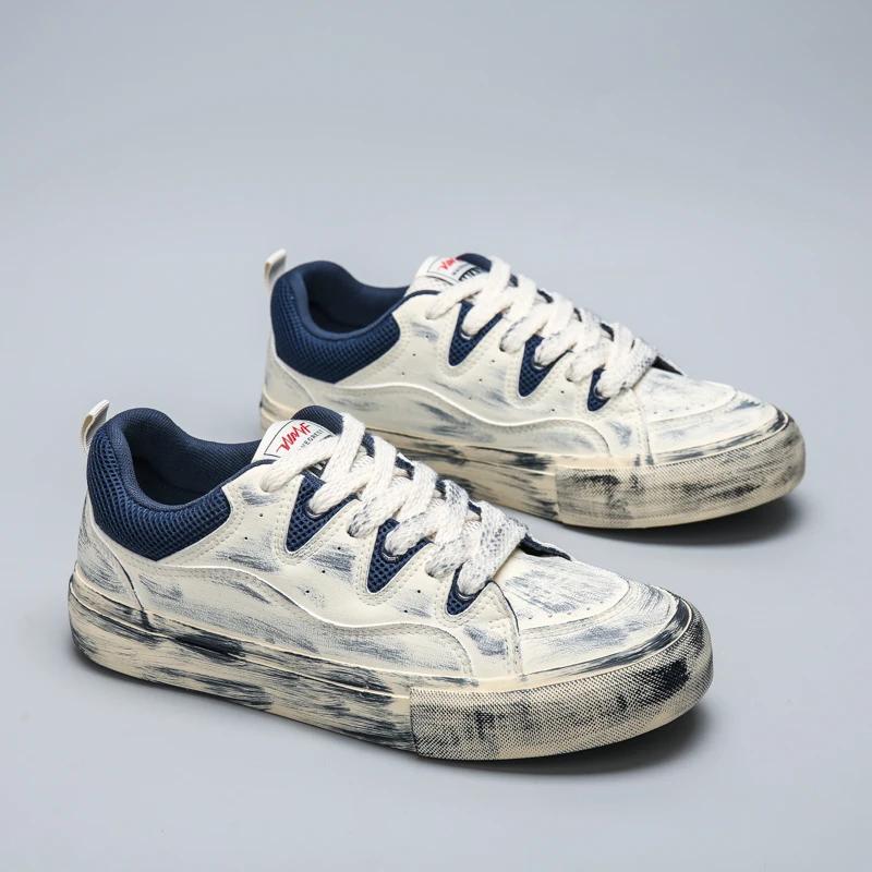 Fashion Men's and Women's Vintage Canvas Sneakers, Distressed Casual Shoes, Lightweight Non-Slip Trainers, Retro Skateboarding Shoes