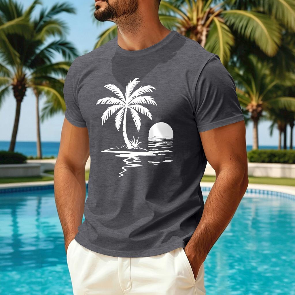 Men's Summer Hawaiian Print Crew Neck Ice Silk Shirt Casual Quick Dry Short Sleeve Sun Protection Top for Outdoor Activities