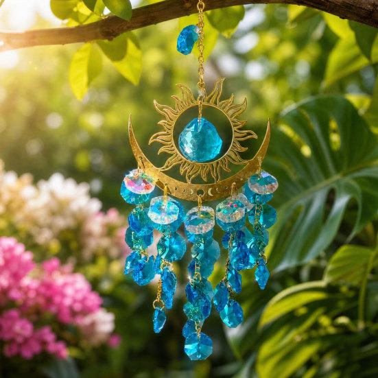 Boho Sun Moon Crystal Suncatcher, Hanging Garden Suncatchers, Sun Crystal Decoration for Window & Garden, Decorative Hanging Ornament