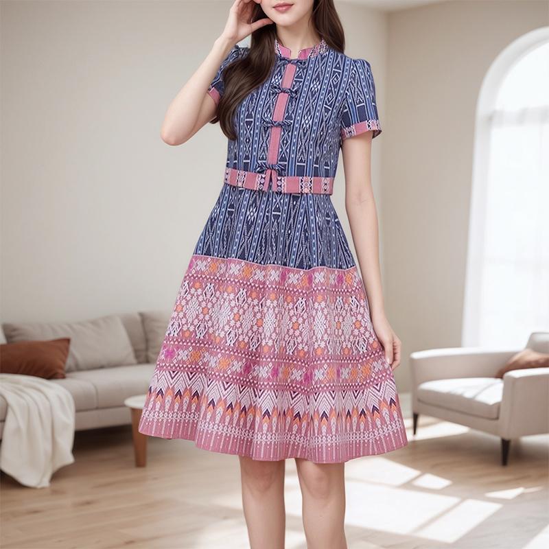 ZANZEA Women Casual Stand Collar Summer Short Sleeve Print Dress
