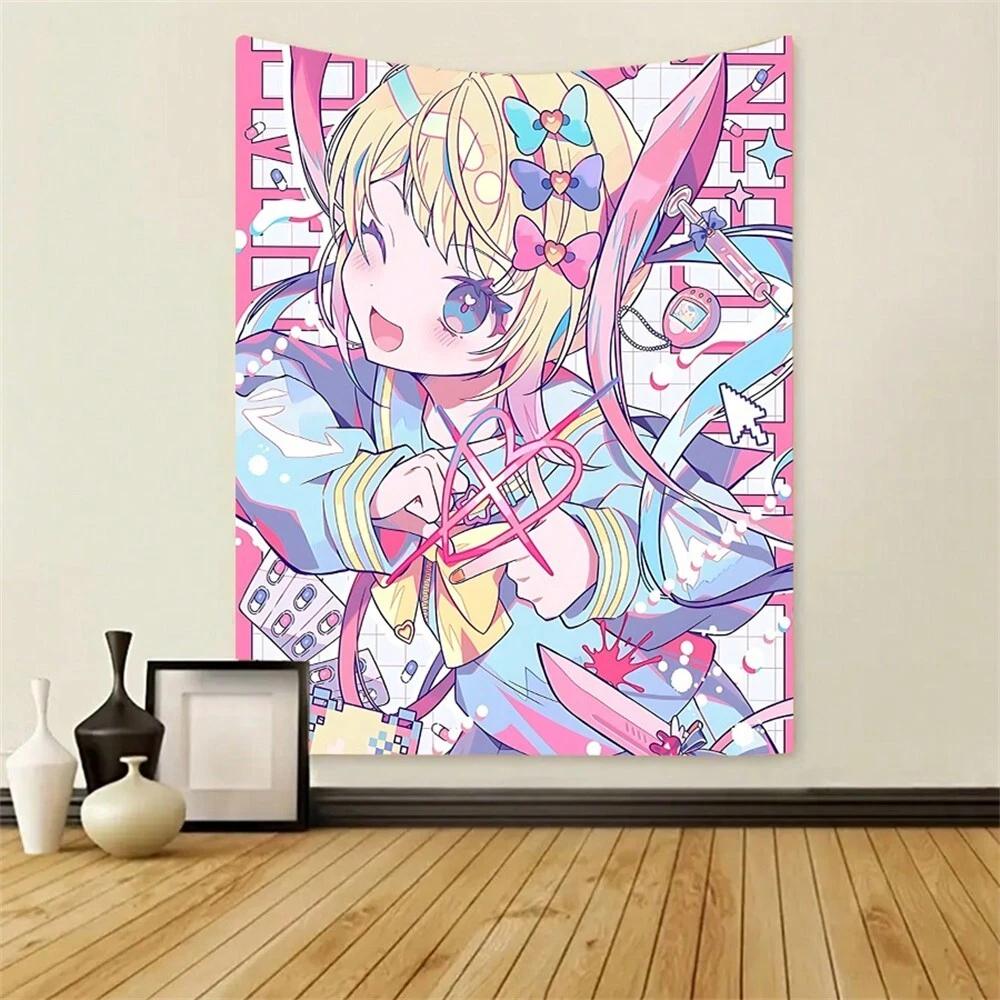 Anime Girl Pink Tapestry Flat Print Cartoon Art Wall Hanging Dome Home Decor for Living Room Bedroom Dorm Perfect Gift