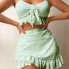 Maillot de bain trois pièces pour femme Couleur unie Volant Lacets Taille haute Bikini sexy Maillot de bain deux pièces Vêtements de plage
