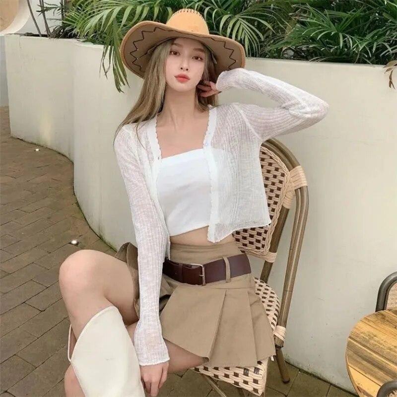 Cardigan sottile in seta di ghiaccio corto bianco da donna manica lunga lavorato a maglia protezione solare slim crop top Kintwear nuova moda semplice casual primavera estate