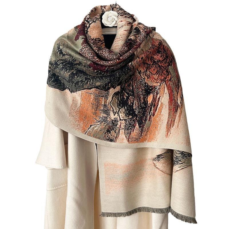 Autumn and Winter New Scarf Women's Tongguan Puxue Double-sided Jacquard Shawl Versatile High-end Imitation Cashmere Scarf