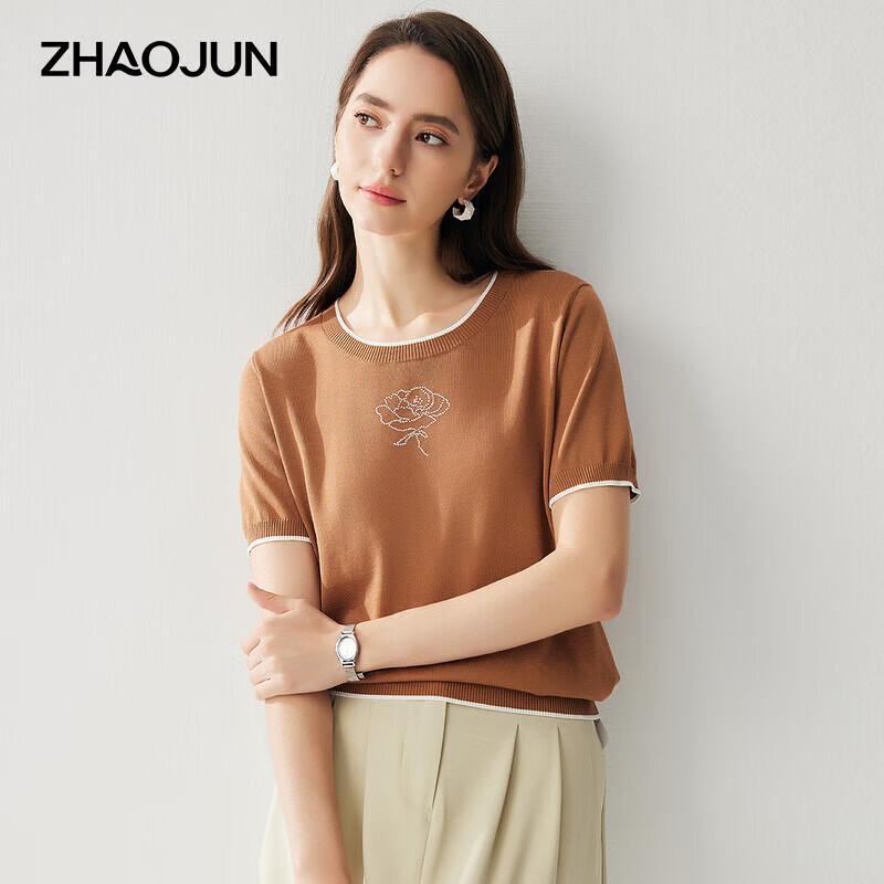 Zhaojun Women's Silk Blend Rhinestone Flower Short Sleeve Knit T-Shirt