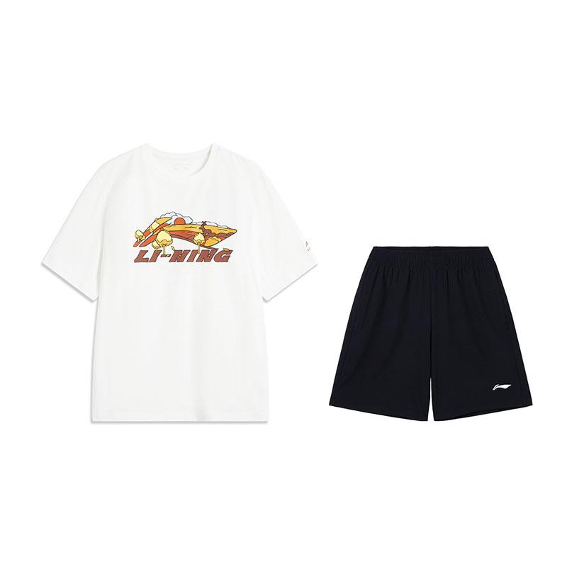 

Li-Ning Fashionable Versatile Breathable Short Sleeve Comfortable Shorts Casual Sports Suit Men suit Standard-White Black V369-5+W685-1 S