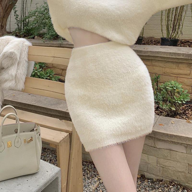 Φθινόπωρο Άνοιξη Γυναικεία Μίνι Γούνινη Φούστα Στενή Ψηλόμεση Κρουαζέ Γοφών Μαύρο Κάτω Μέρος Άγρια Μάλλινη Κομψή Κορεάτικη