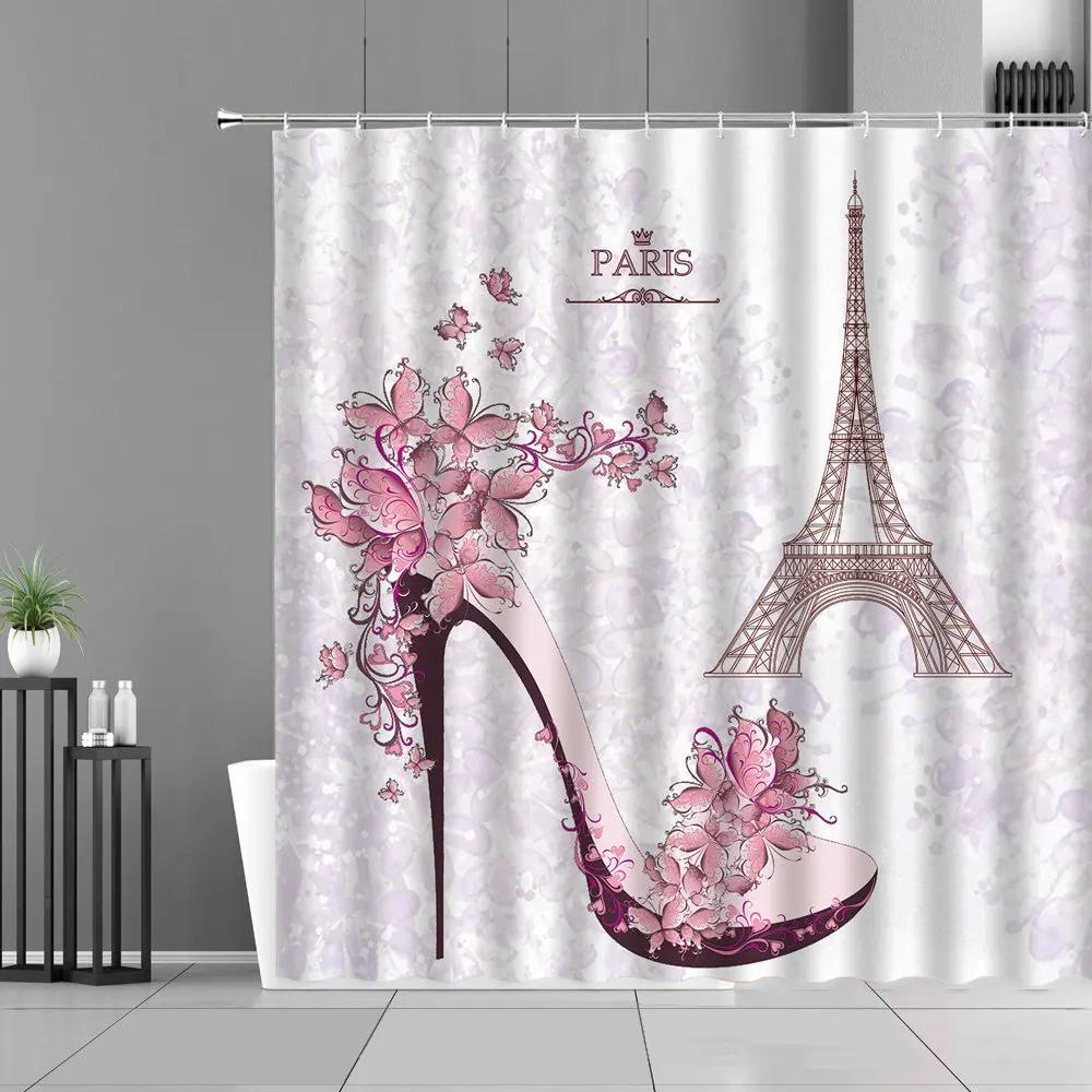 

Sexy Red Lips Leopard Print High Heel Shower Curtain Cosmetic Perfume Pink Girl Bedroom Bathroom Decor Cloth Waterproof Curtains W60H190(CM)-1 Pcs