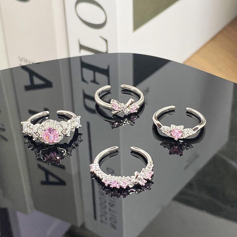Sweet Pink Zircon Super Fairy Open Ring Bow Exquisite Niche Light Luxury High-End Ring Woman