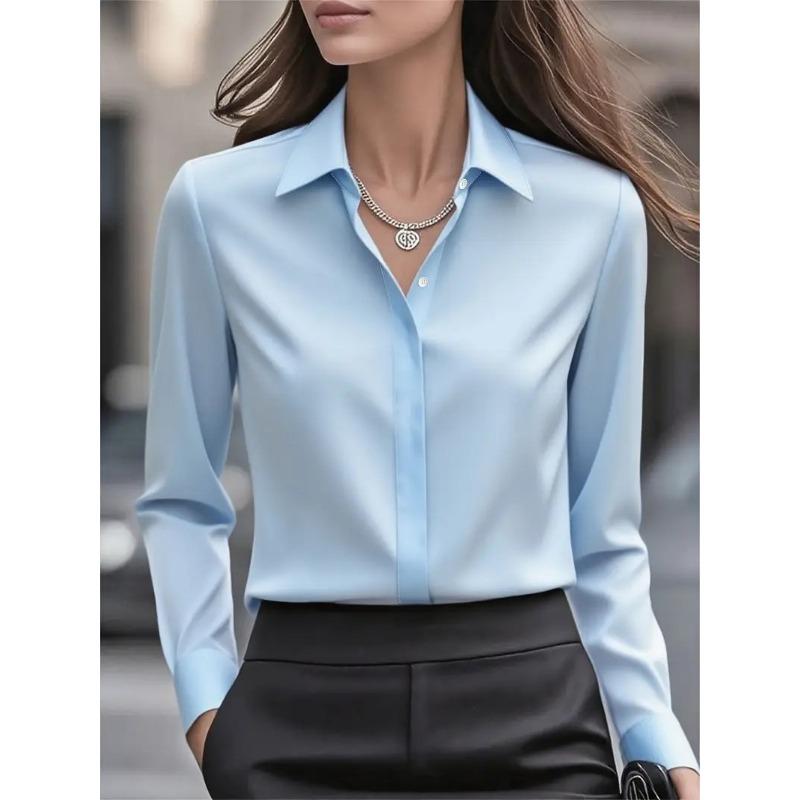 Camicie da donna in raso eleganti tinta unita a maniche lunghe camicetta da ufficio camicia top abbottonata femminile con collo a revers camicie camicetta autunno