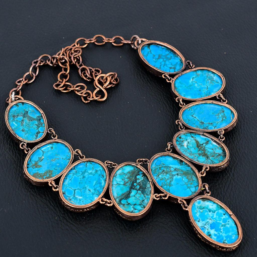 Blue Turquoise Handmade Gemstone Necklace, Copper Electroformed Antique Jewelry Adjustable Chain Necklace, For Engagement Gift