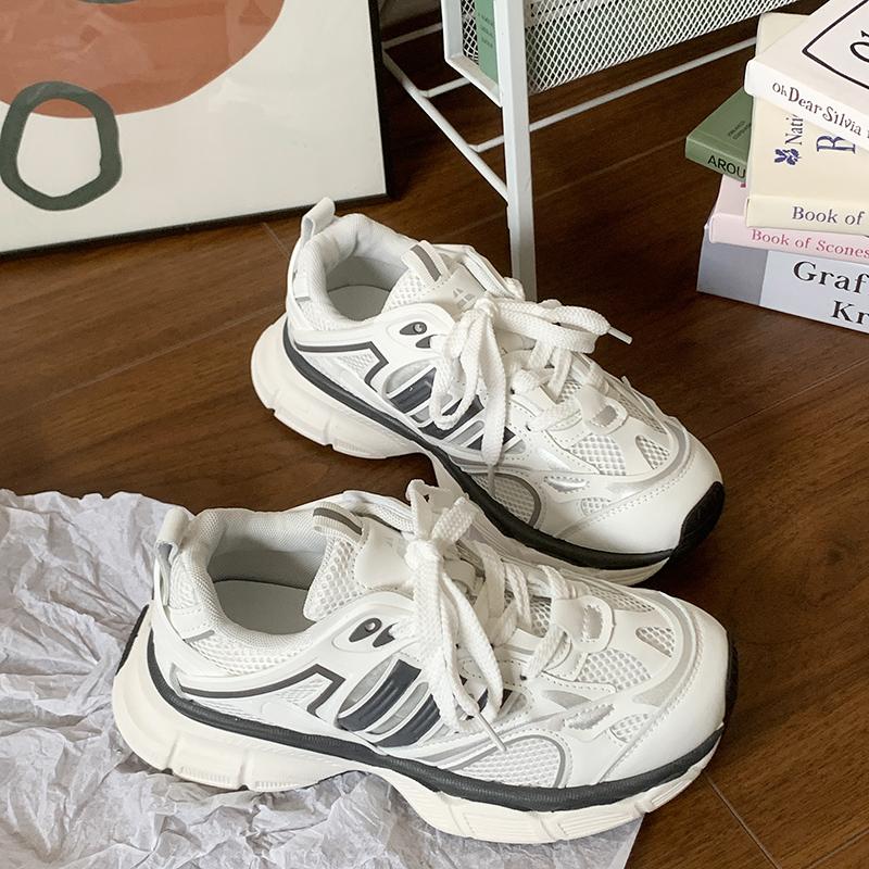 

New Women Chunky Sneakers Breathable Mesh High Heels Lace Up Platform Shoes for Women Flats Round Toe Vulcanize Shoes Plus Size 35 серый