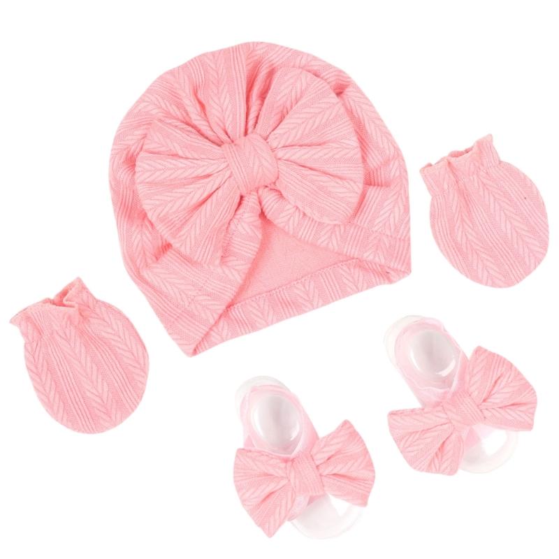 Baby Turban Hat Hospital Nursery Hat with Gloves & Feet Bowknot Newborns Soft Bonnet Caps Set for Baby 0-3 Month