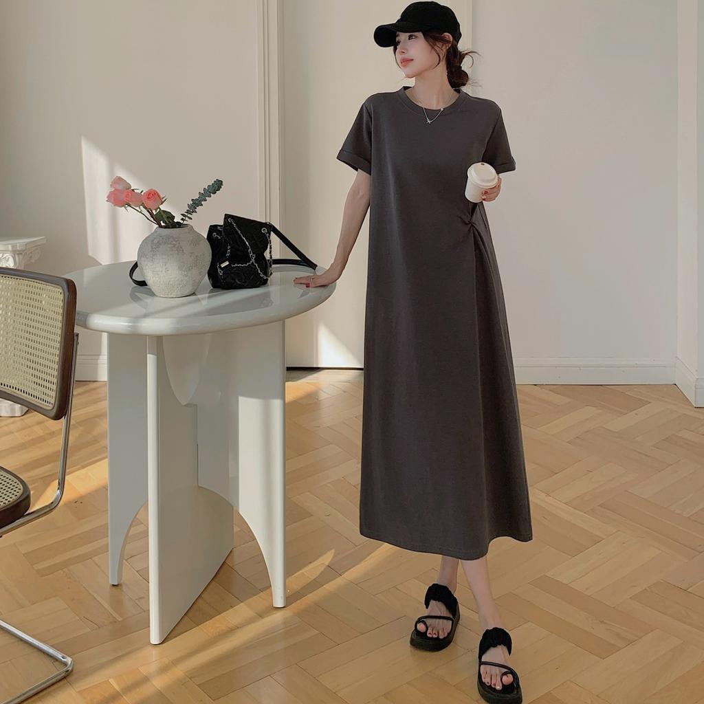 Dimanaf 2025 Summer Plus Size Dress Women Loose Casual Cotton Dress Basic Vintage Solid Short Sleeve Long Dress