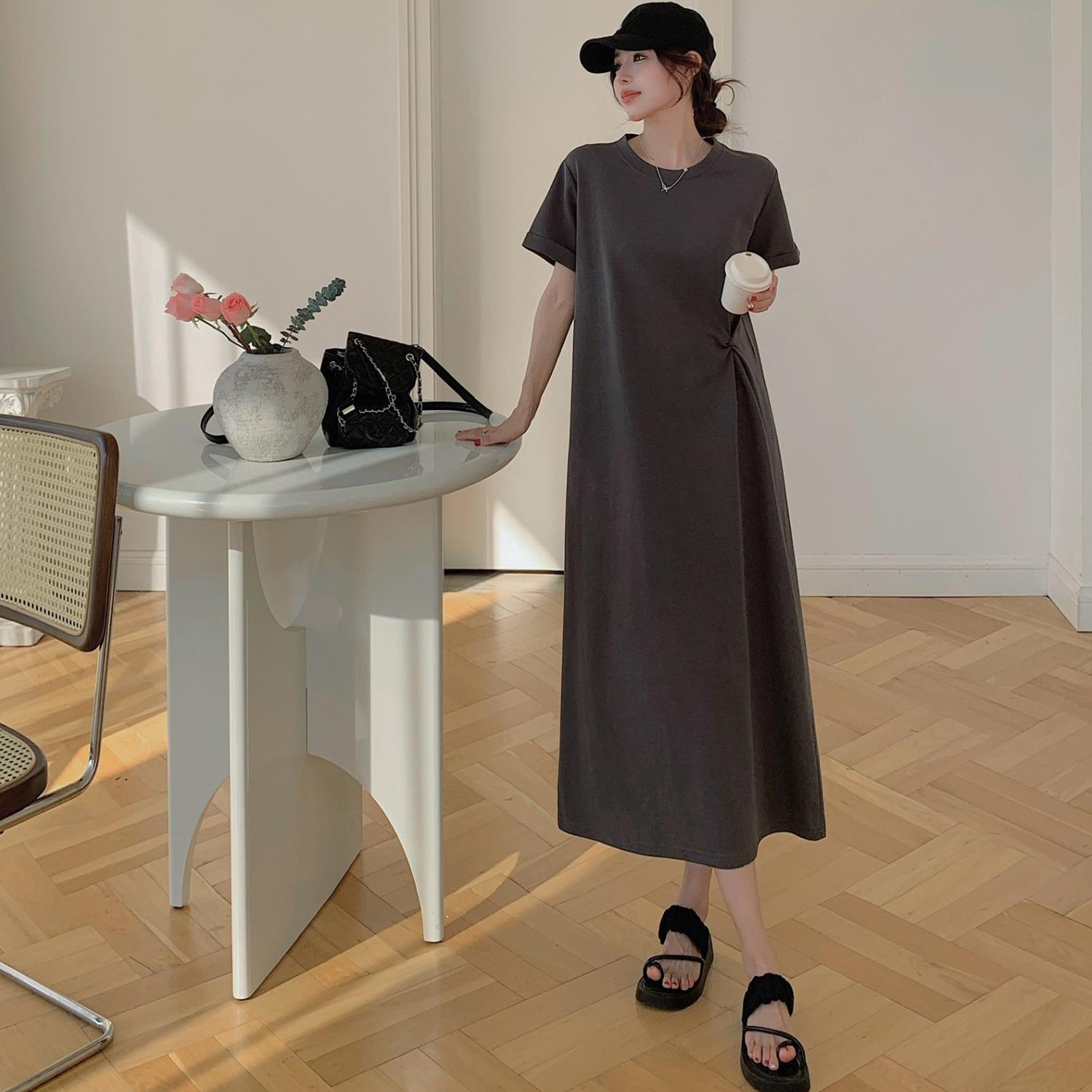 

DIMANAF 2025 Summer Plus Size Dress Women Loose Casual Cotton Dress Basic Vintage Solid Short Sleeve Long Dress 3XL серый