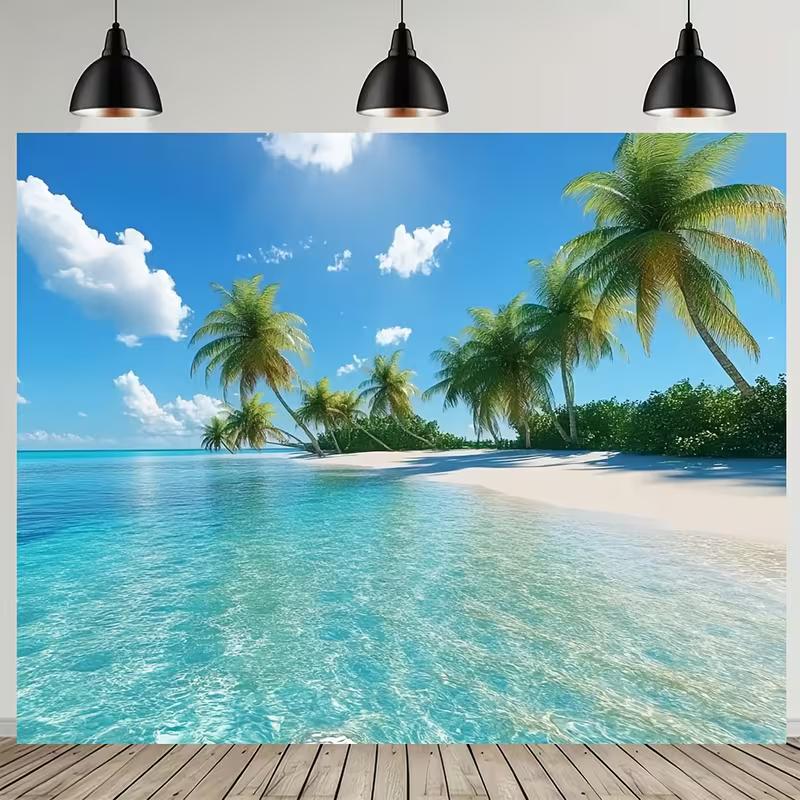 2D Summer Tropical Island Banner, Clear Ocean Palm Tree Backdrop for Party & Decor